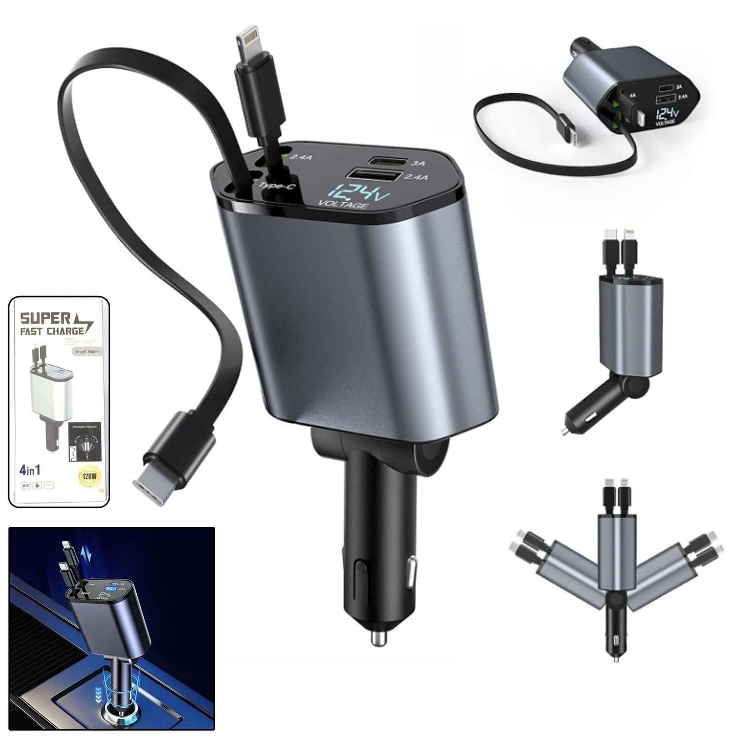 4-in-1 Super Fast Car Charger With Dual Built-in Cables Dual Usb Ports