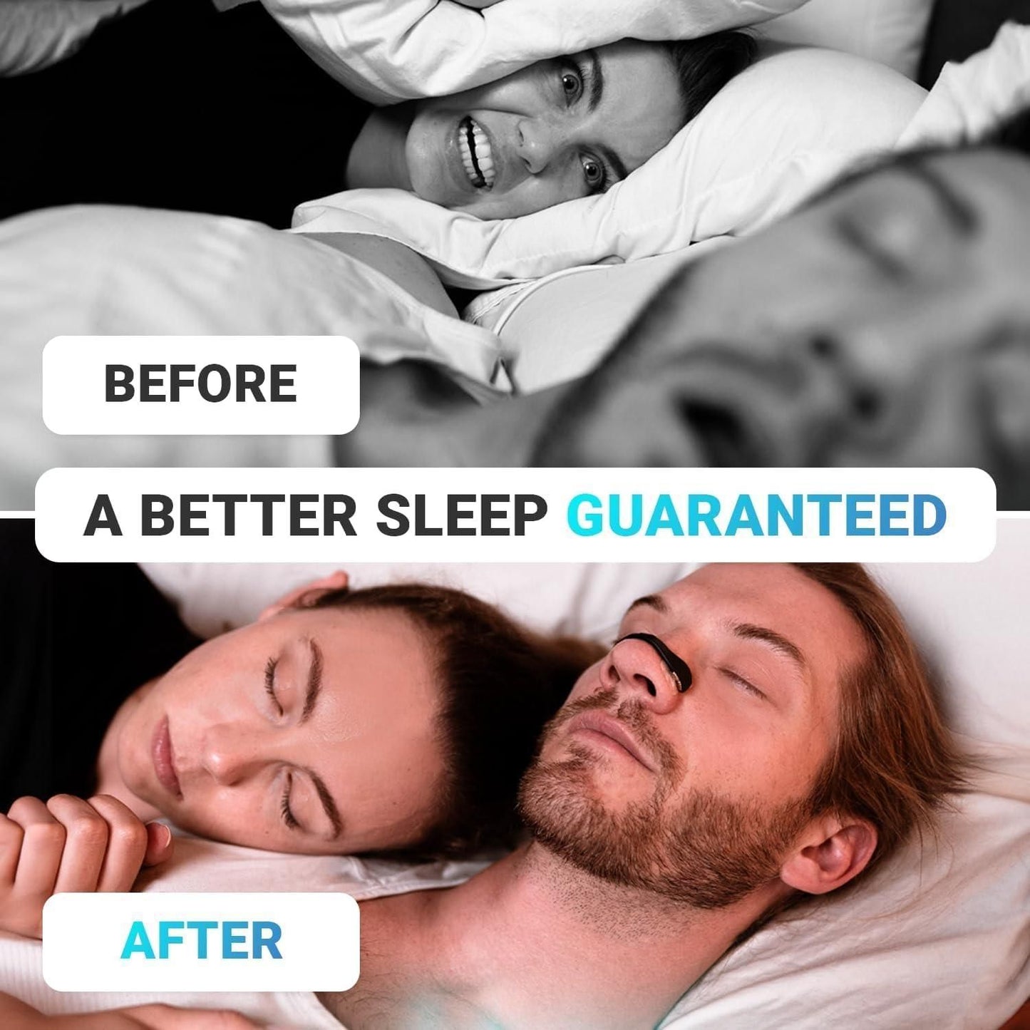 Before and after comparison of a couple sleeping better, with text 'A Better Sleep Guaranteed'.