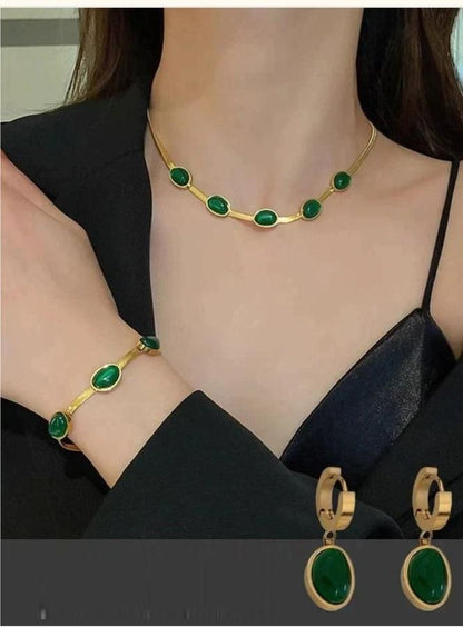 Emerald Elegance - Gold Plated Crystal Pendant & Bracelet Set