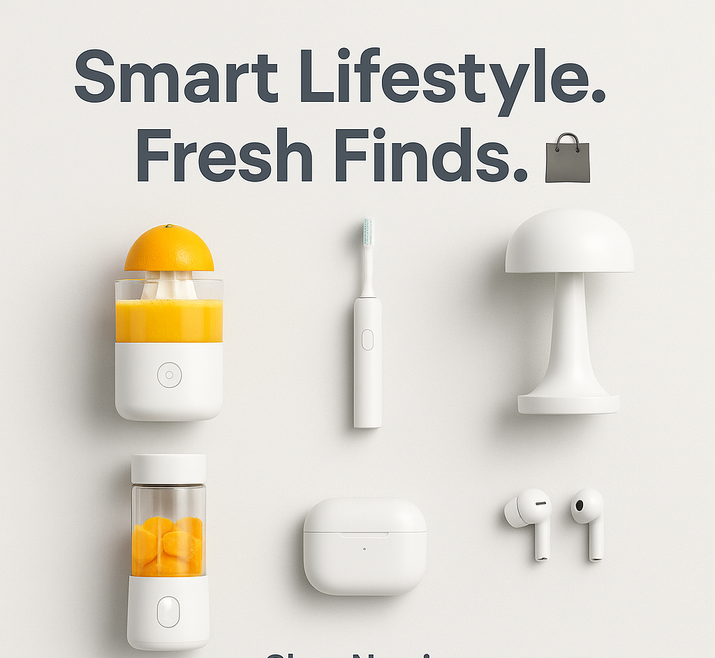 Smart lifestyle products including a blender, toothbrush, and earbuds with 'ShopNex' branding.