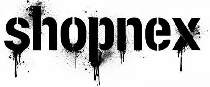 Black 'shopnex' logo with a spray paint effect on a white background