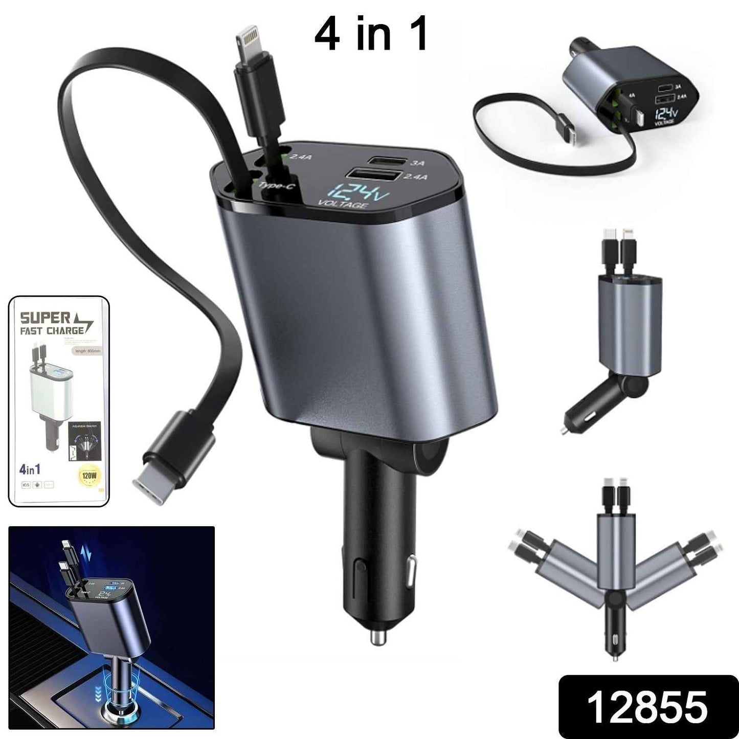 4-in-1 Super Fast Car Charger With Dual Built-in Cables Dual Usb Ports
